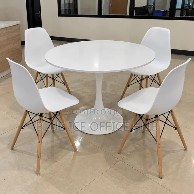 White Round Dining Table with 4 Chairs - Eames Style - 1