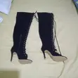 Viatu Vipya vya Thigh High vya Suede Nyeusi vya Kufungwa - 2
