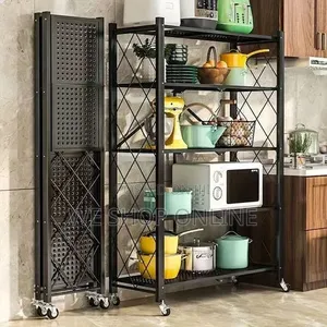 Large Foldable 5-Tier Kitchen Rack with Wheels - Black
