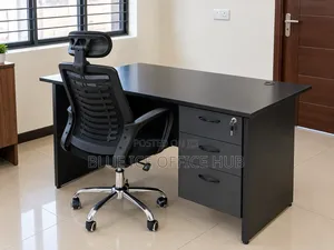 Gray Office Desk with 3 Drawers and Ergonomic Chair