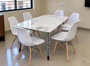 White Dining Table Set with 6 Eames Chairs - Floral Marble Top