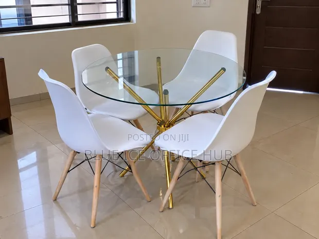 Round Glass Dining Table with 4 White Chairs - Gold Base - 1