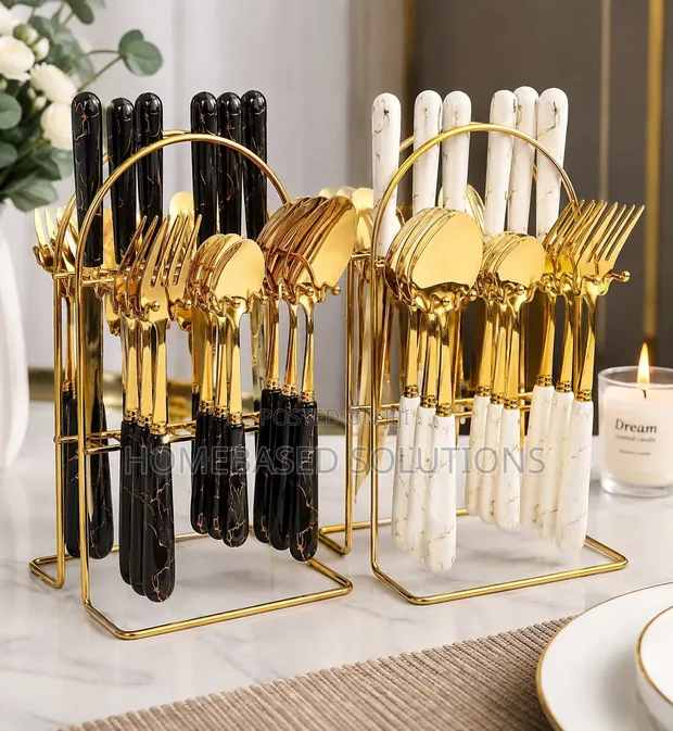 Heavy Marble Gold Cutlery Set - 24 Pcs - 1