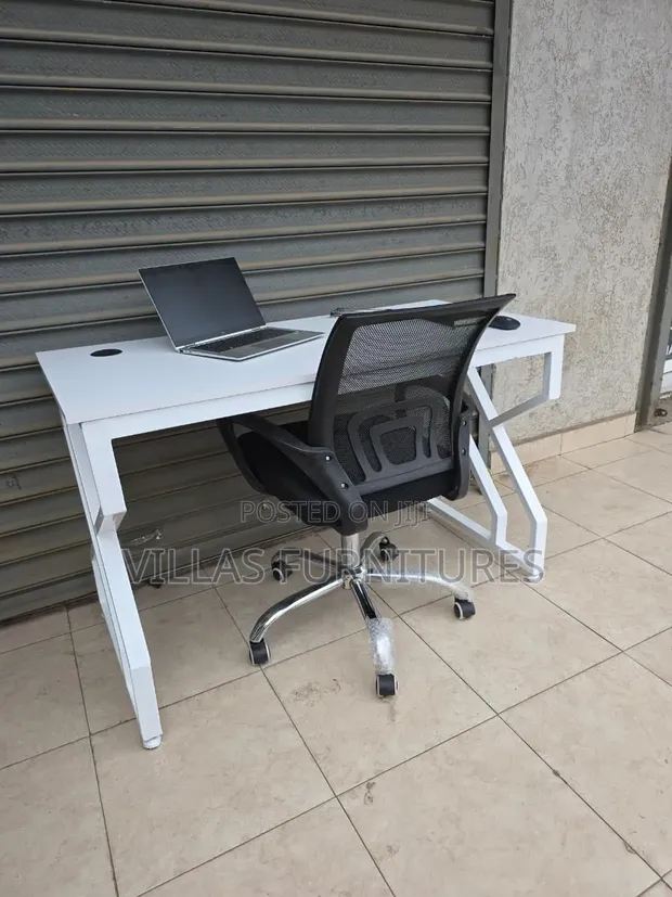 White Table and Rolling Mesh Chair Set - 1