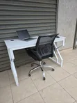 White Table and Rolling Mesh Chair Set - 2