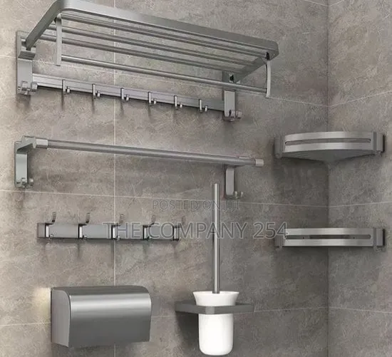 7-Piece Multifunctional Gunmetal Gray Aluminum Bathroom Rack - 1