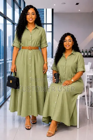 Women's Green Cotton Dress with Buttons