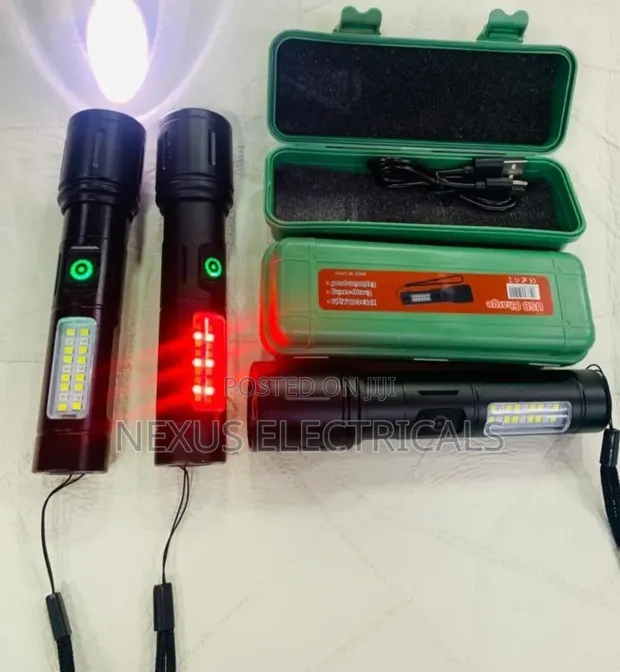 USB Rechargeable LED Flashlight with COB & Red Emergency Light - 1