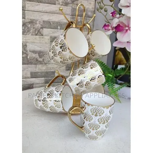 Set of 6 White/Gold Ceramic Coffee Mugs - 1