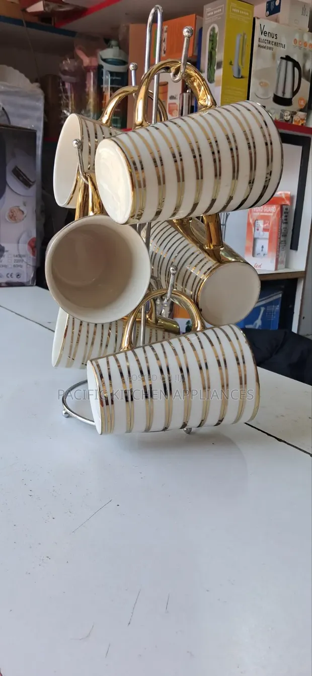 Ceramic Gold Ring Mugs with Stand (Set of 4) - 1