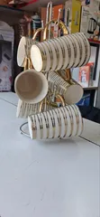 Ceramic Gold Ring Mugs with Stand (Set of 4) - 1