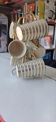 Ceramic Gold Ring Mugs with Stand (Set of 4) - 2