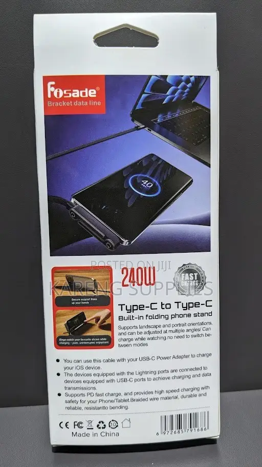 Fosade Fi-42 240W Kamba ya Nylon Iliyofumwa ya Type-C na Stand ya Simu - 1
