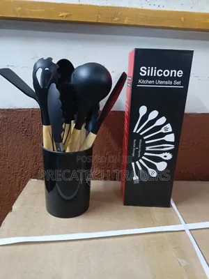 Silicone Kitchen Utensils Set with Wooden Handles & Holder