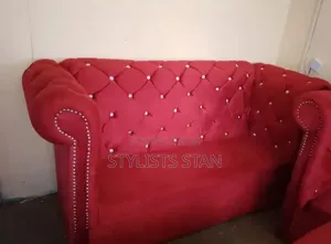 Red 3-Seater Sofa with 3 Puff Tables