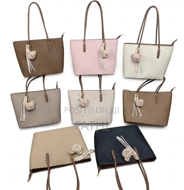 Fashion Tote Bag with Bear Charm - Large PU Leather - 1