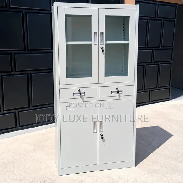 Steel Office Cabinet with Glass Doors and Drawers - 1
