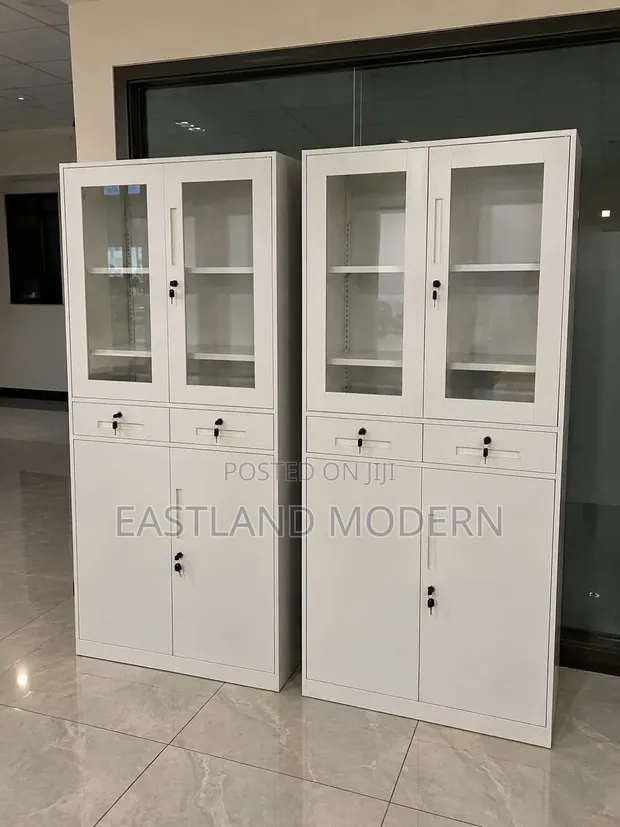 White Steel Office Cabinet with Glass Doors & Drawers - 1