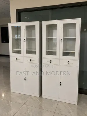 White Steel Office Cabinet with Glass Doors & Drawers