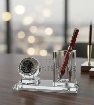 Crystal Glass Desktop Clock & Pen Holder Set