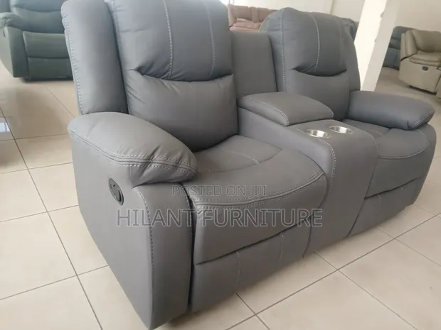 Standard 2-Seater Grey Fabric Recliner Sofa with Cup Holders - 1