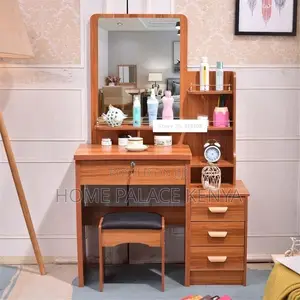 Modern Vanity Table with Mirror - Brown Wood