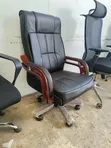 Executive High-Back Leather Office Chair with Mahogany Armrests - 3