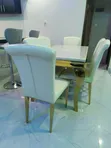Kiti cha Kula cha Marumaru Nyeupe cha Kifahari cha Watu 6 na Msingi wa Dhahabu - 1