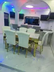 Kiti cha Kula cha Marumaru Nyeupe cha Kifahari cha Watu 6 na Msingi wa Dhahabu - 4