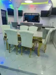 Kiti cha Kula cha Marumaru Nyeupe cha Kifahari cha Watu 6 na Msingi wa Dhahabu - 5