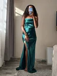 Emerald Green Satin Evening Dress - 1