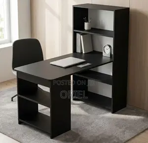 Black Study Table with Shelves - Space-Saving Home Office Desk