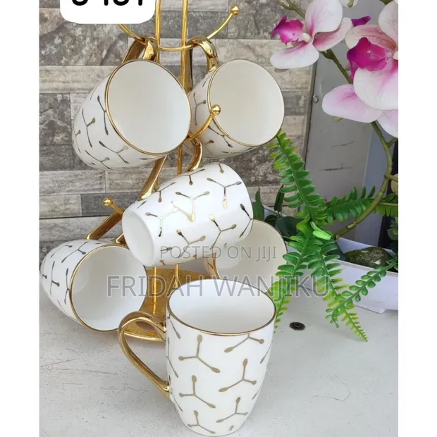6pcs Ceramic Mugs with Golden Prints - 1