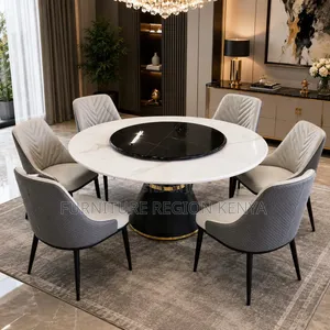 Gray Round Marble Top Dining Table Set (6-Seater)