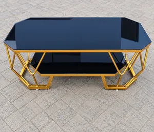 Luxury Black Glass Coffee Table with Gold Geometric Frame