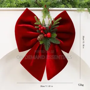 Wine Red Christmas Tree Bow Ornament with Pine Needle Accent