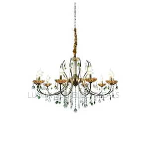 Chandelier ya Kifaransa ya Retro ya Kifahari ya Shaba na Kristali ya Kijani