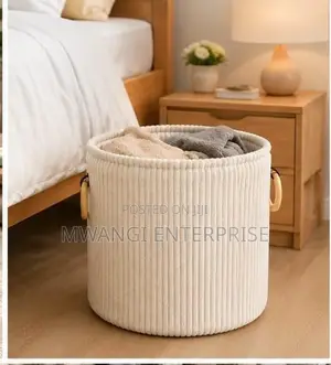 Velvet Corduroy Laundry Basket - Cream & Grey