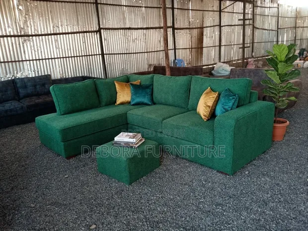 Modern Emerald Green Boucle L-Shaped Sectional Sofa + Ottoman - 1