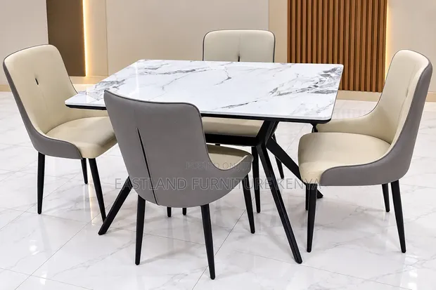 Modern 4-Seater Dining Set - Marble-Effect Table - 1