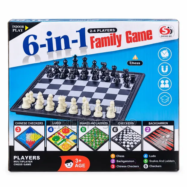6-in-1 Family Board Game Set - Chess, Checkers, Ludo - 1