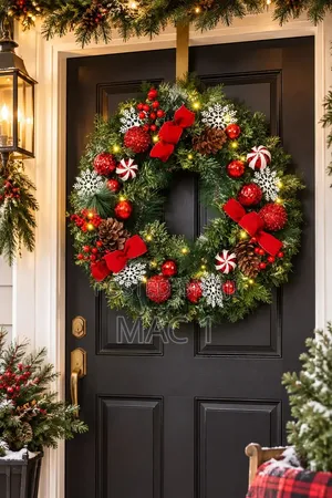 Merry Christmas Wreath ya Mlango - Dhahabu & Nyekundu