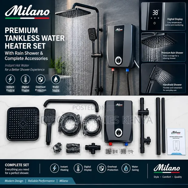 Milano Tankless Water Heater Nyeusi na Rainshower Set - 1