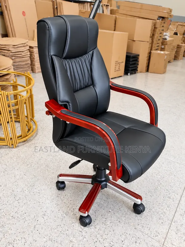 Luxury Black Leather Executive Office Chair with Wooden Armrests - 1