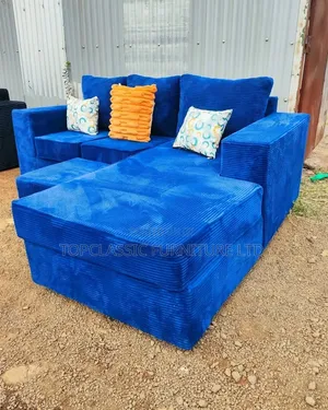 L-Shape 6-Seater Sofa - Blue & Black Fabric