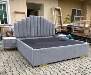 Luxury 6x6 Grey Velvet Bed Frame with Fluted Headboard