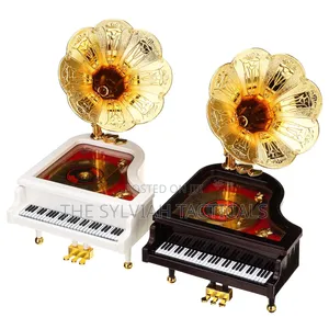 Vintage Retro Music Box Piano Phonograph with Gold Trumpet Horn