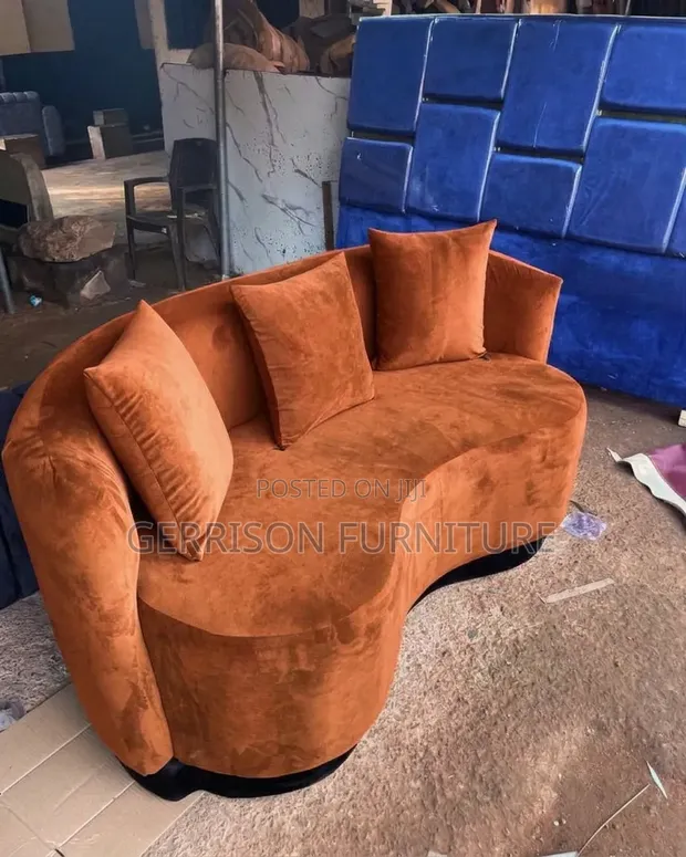 Brand New 3-Seater Curved Burnt Orange Velvet Sofa - 1