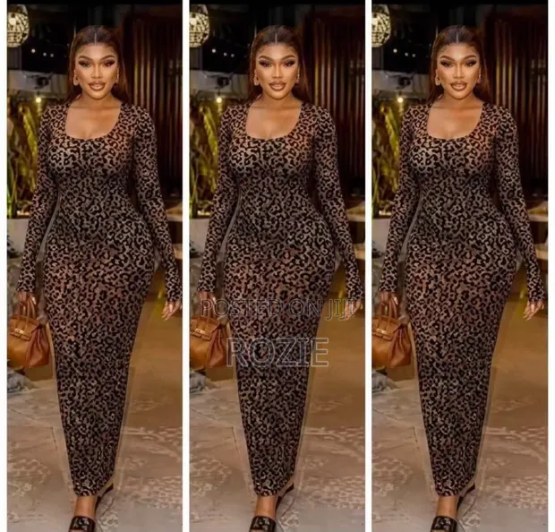 Ladies Leopard Print Maxi Dress - Long Sleeve Bodycon - 1