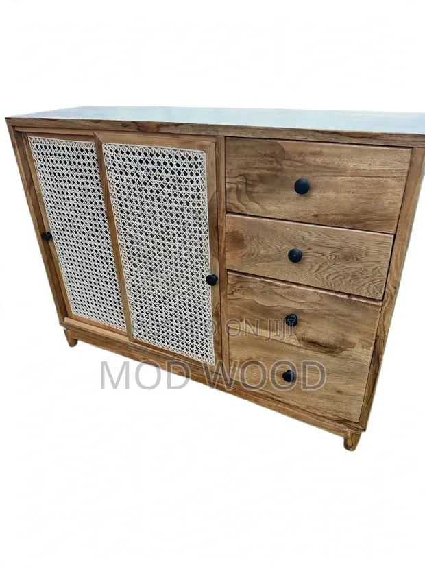 Handcrafted Wooden Cabinet with Rattan Mesh Sliding Door - 1